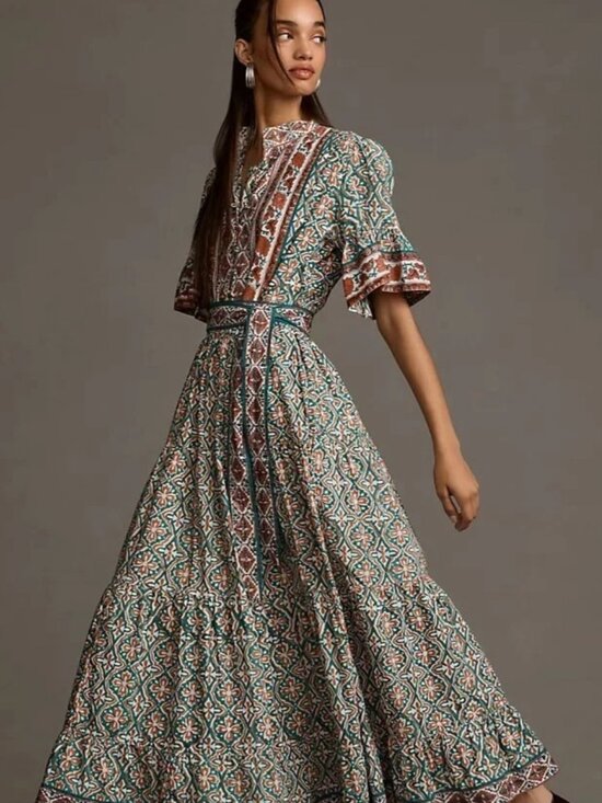 Sue Sartor Dresses & Skirts - Sue Sartor Anthropologie Hamilton Kaftan Maxi Dress Tiered Flouncy Belt Size XS